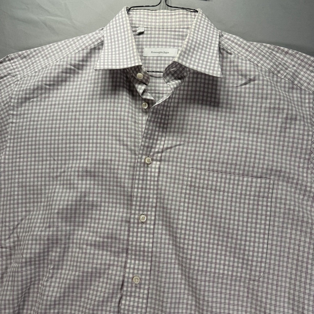 Ermenegildo Zegna Dress Shirt Mens 16 White Check Long Sleeve Button Up Collared
